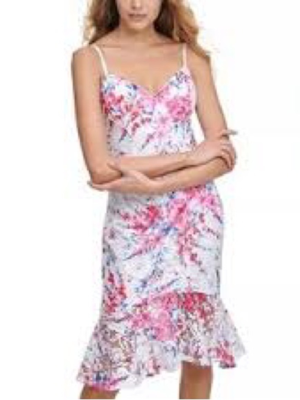 Guess Pink & White Floral Spaghetti-Strap Midi Dress